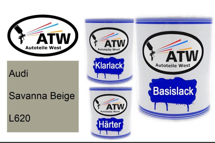 Audi, Savanna Beige, L620: 1L Lackdose + 1L Klarlack + 500ml Härter - Set, von ATW Autoteile West.